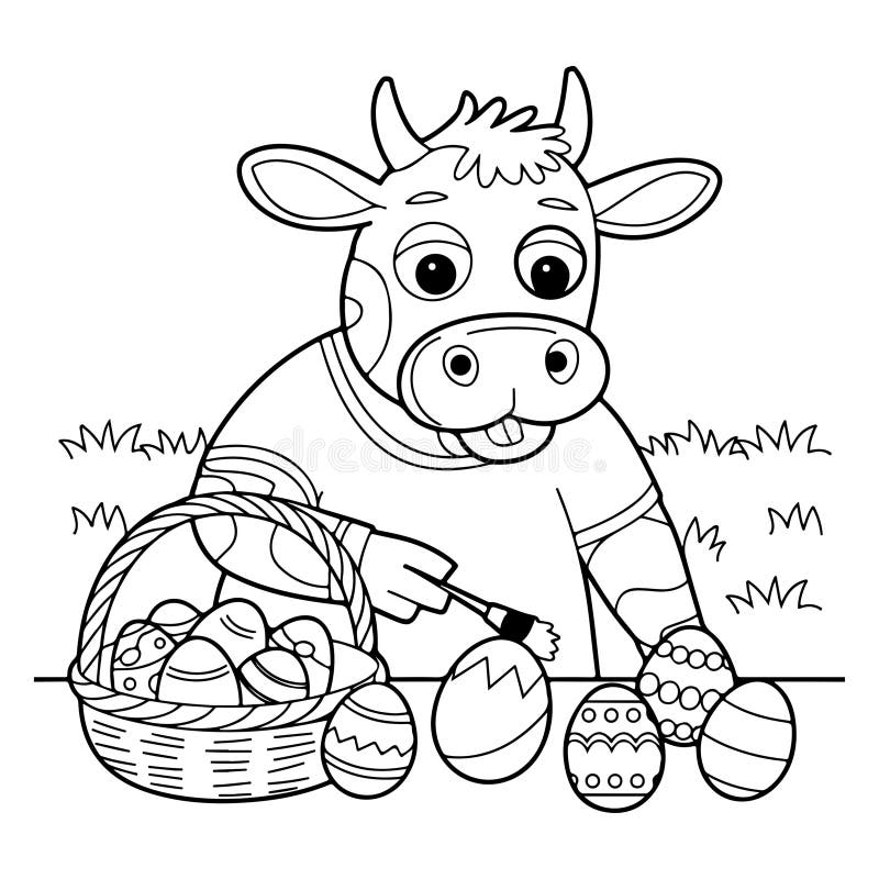 Cartoon cow painting Easter eggs beside basket