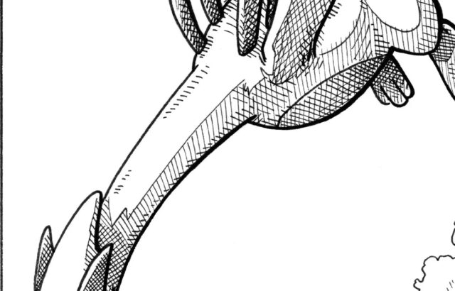 Black-and-white dragon-like creature illustration with long neck and wings