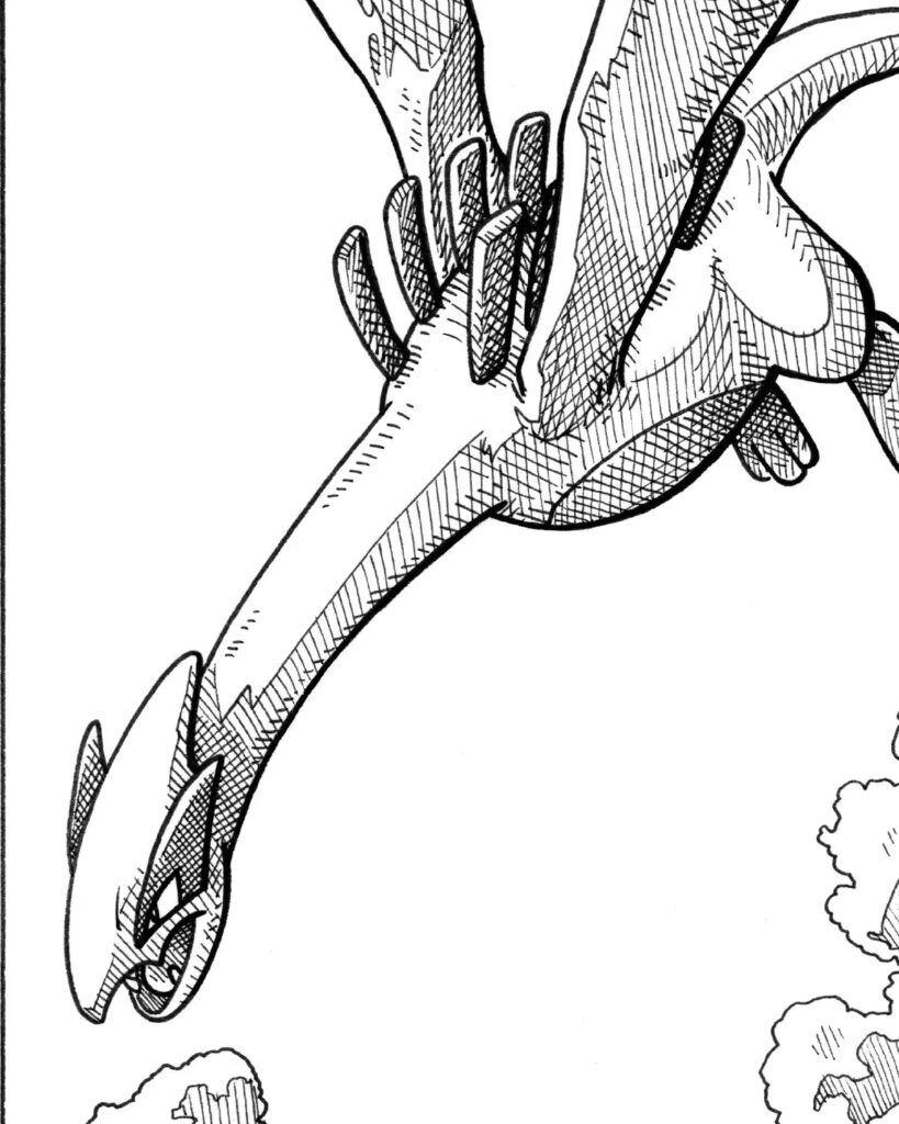 Black-and-white dragon-like creature illustration with long neck and wings