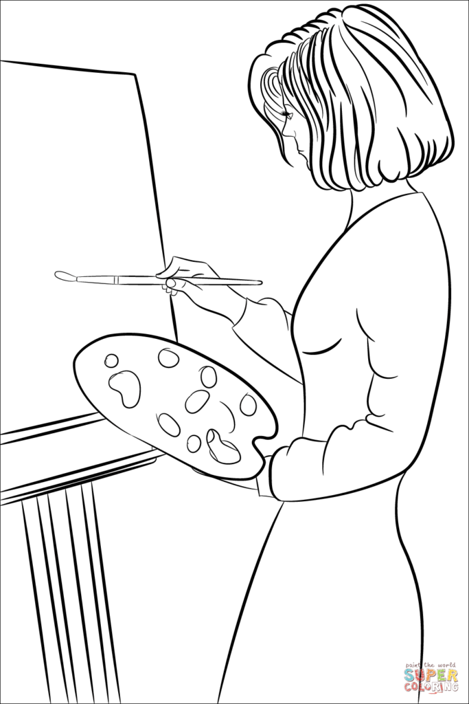 Woman painting on canvas with palette and brush