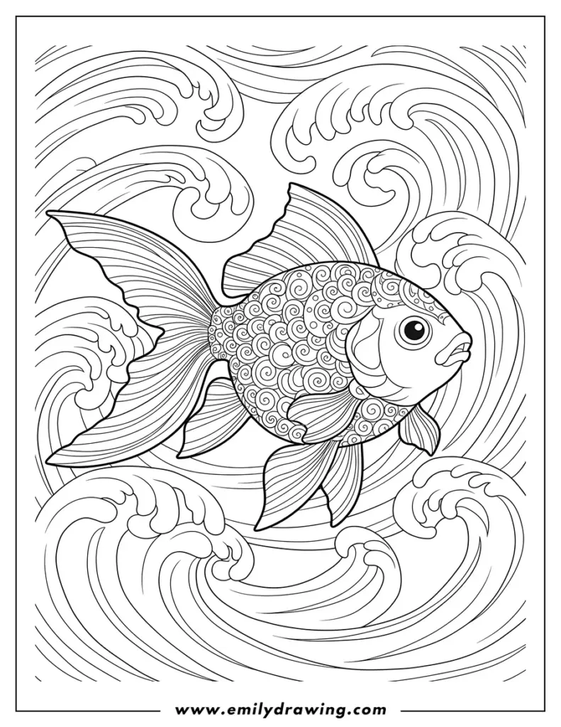 Decorative fish surrounded by stylized ocean waves