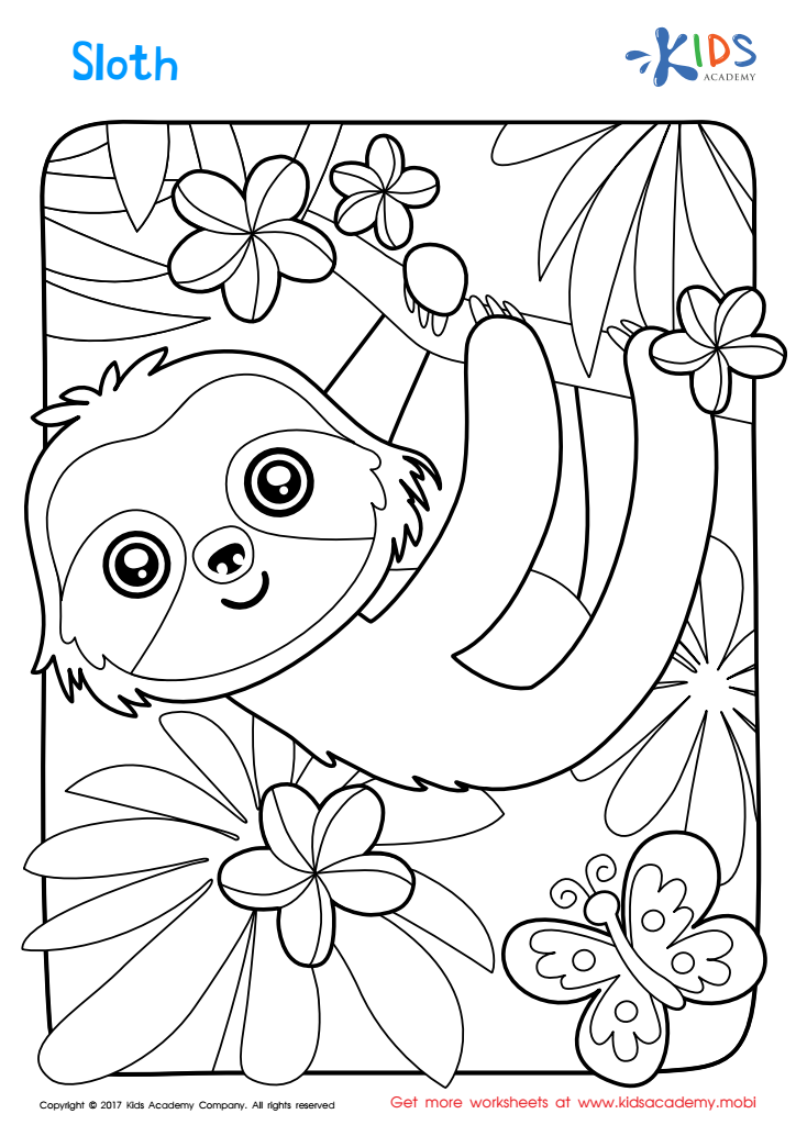 Cartoon sloth hanging from a jungle branch coloring page