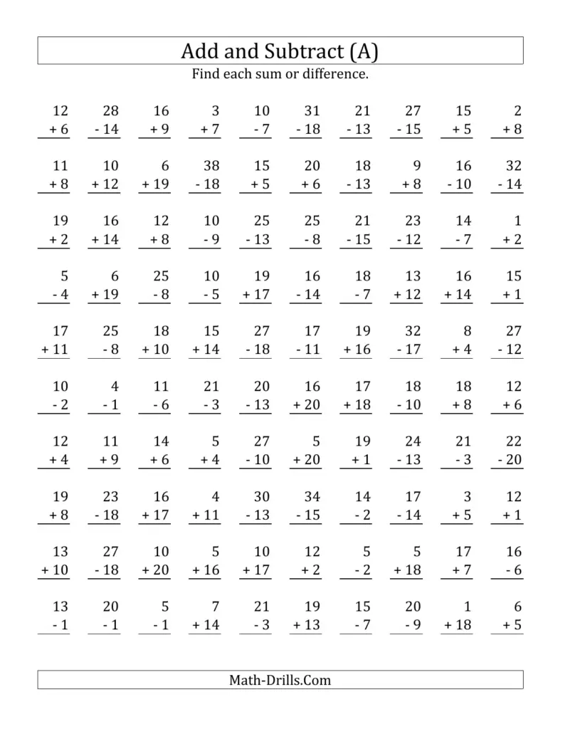 Math worksheet with addition and subtraction problems