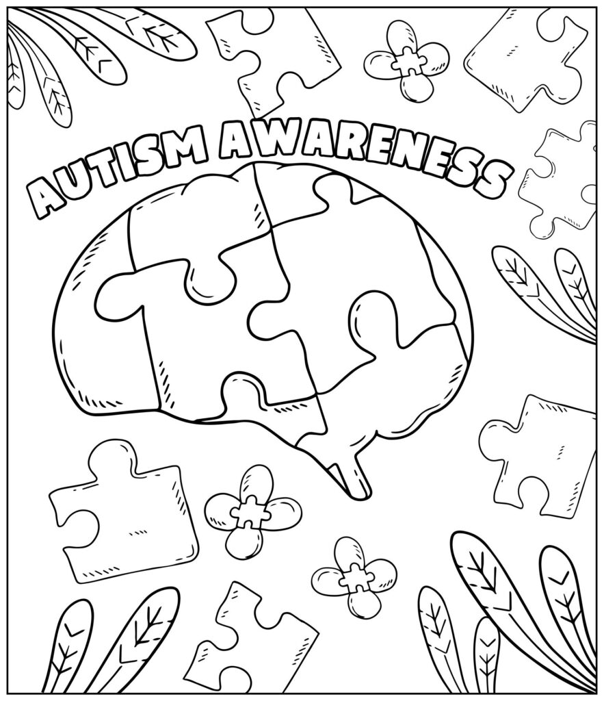 Autism awareness coloring page with puzzle brain and leaves