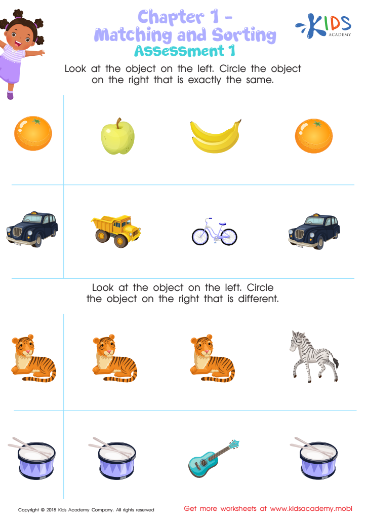 Kids academy matching and sorting worksheet with animals and objects