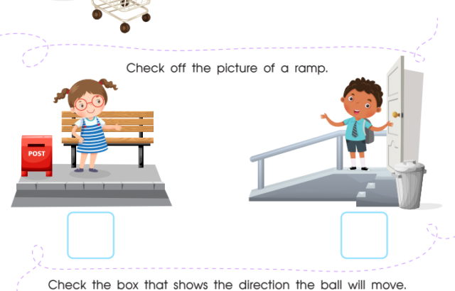 Kids worksheet about force with cartoons and checkboxes