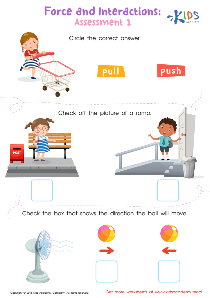 Kids worksheet about force with cartoons and checkboxes