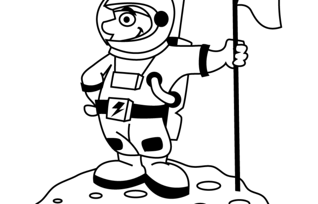 Cartoon astronaut holding flag on moon coloring page