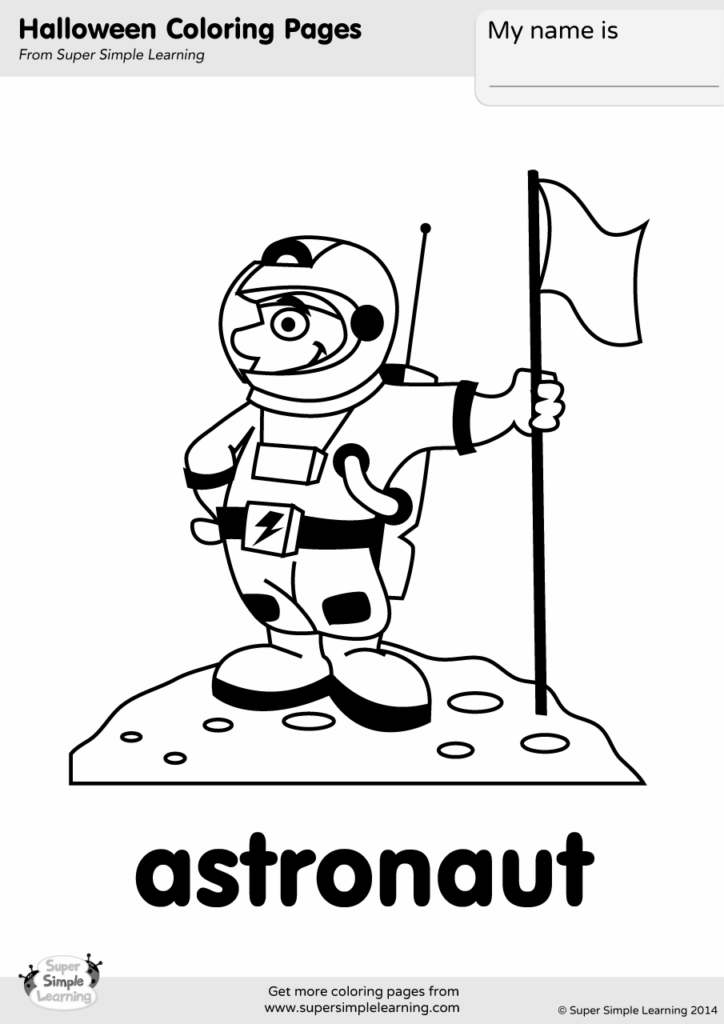 Cartoon astronaut holding flag on moon coloring page