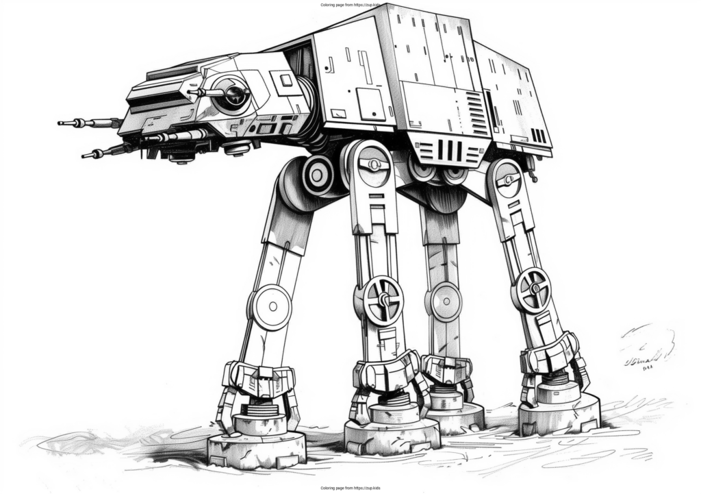Black-and-white AT-AT walker illustration on blank background