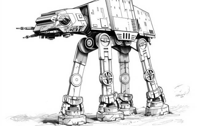 Black-and-white AT-AT walker illustration on blank background