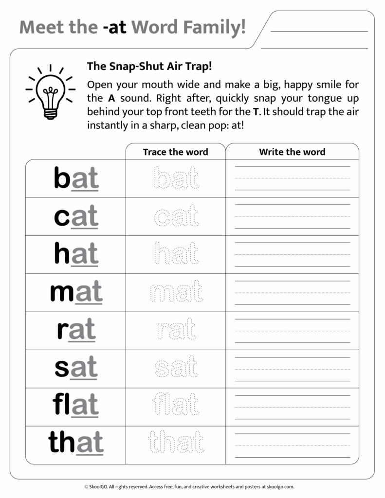 Phonics worksheet for -at word family words