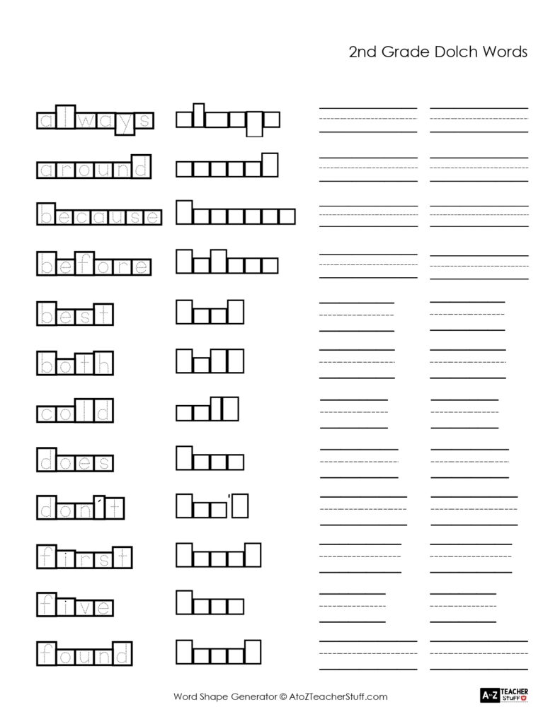 2nd Grade Dolch Words worksheet with word shape boxes and lines