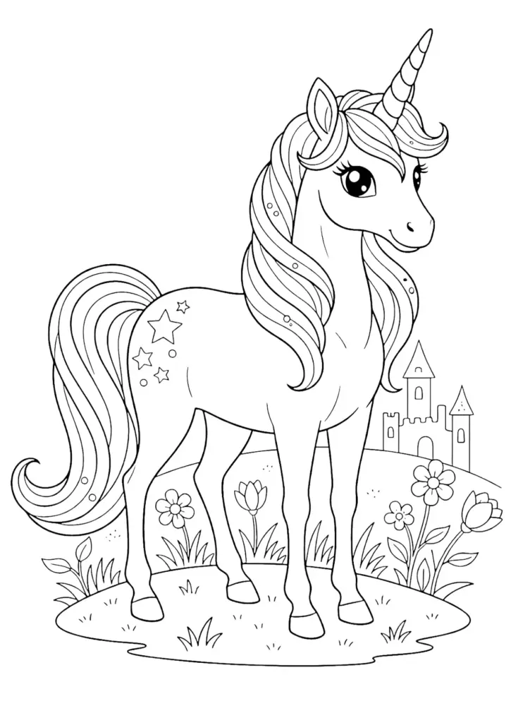 Cartoon unicorn standing in flowered meadow near castle