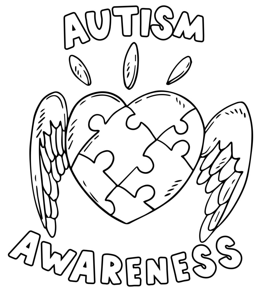 Black-and-white autism awareness coloring page with heart puzzle pieces and wings