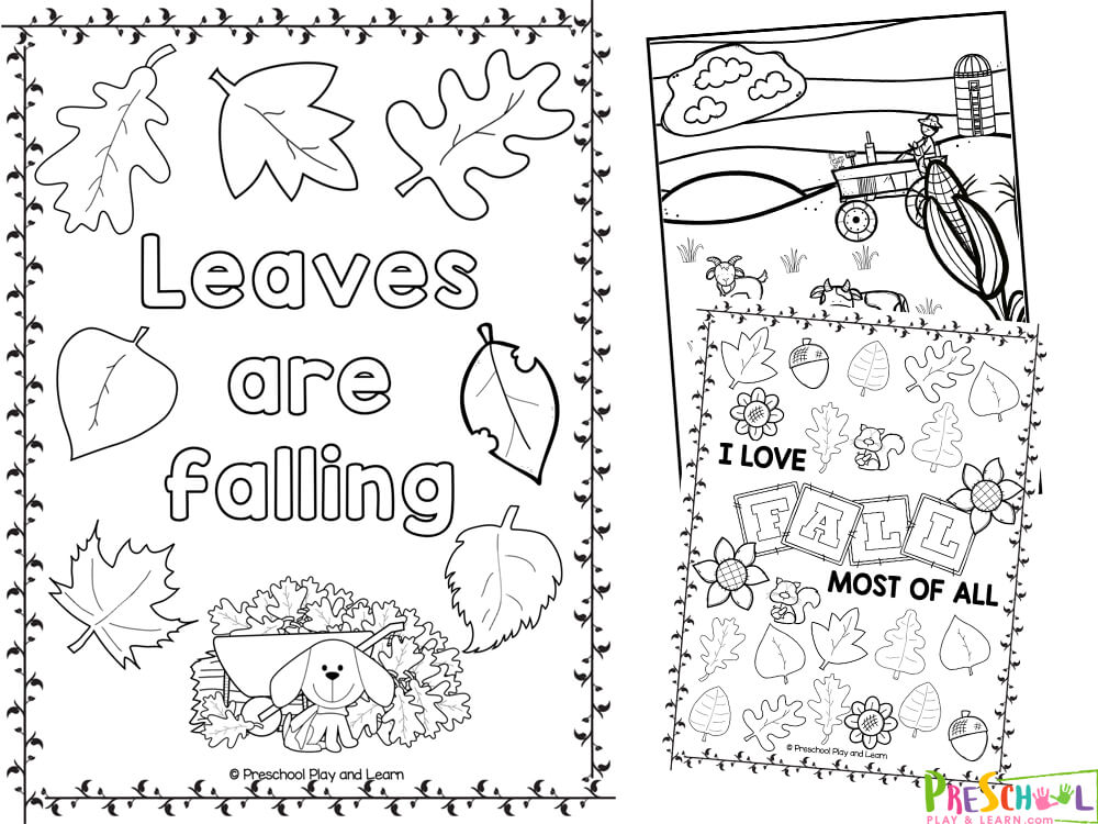 Fall-themed preschool worksheet pages with leaves and farm scene