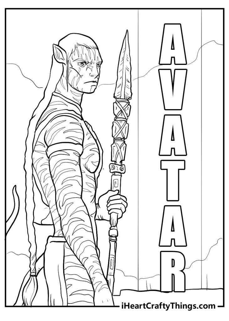 Line art of Na'vi woman holding spear beside AVATAR text