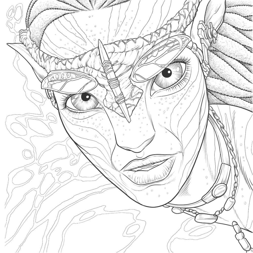 Black-and-white fantasy alien face with horns and large eyes