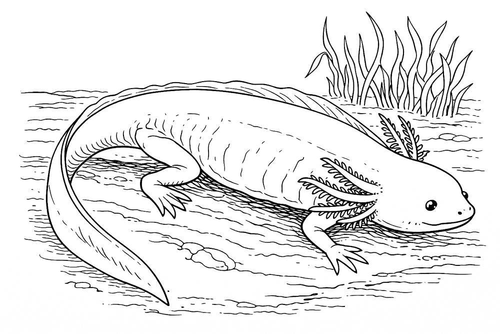 Black-and-white axolotl in shallow water