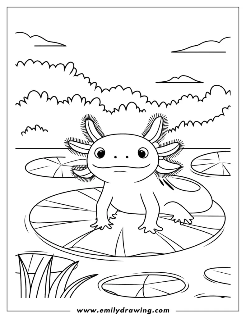 Axolotl standing on lily pad in pond