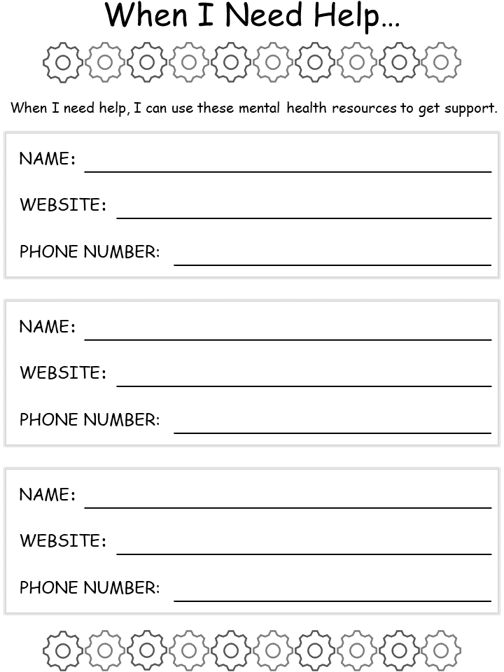 Mental health resources worksheet with three blank form sections
