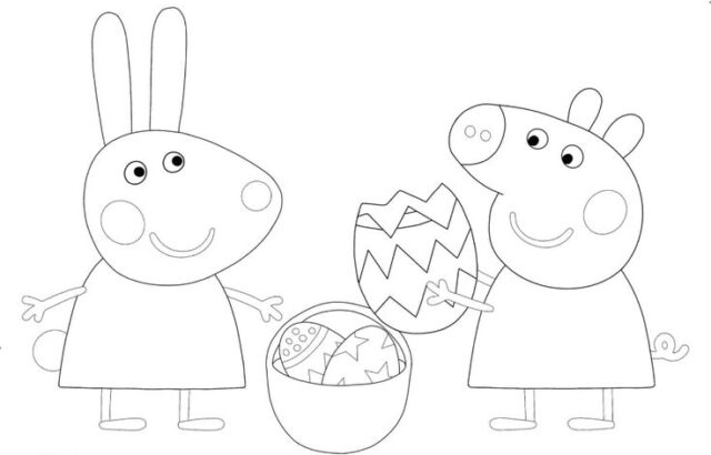 Two cartoon animals holding decorated Easter eggs outdoors