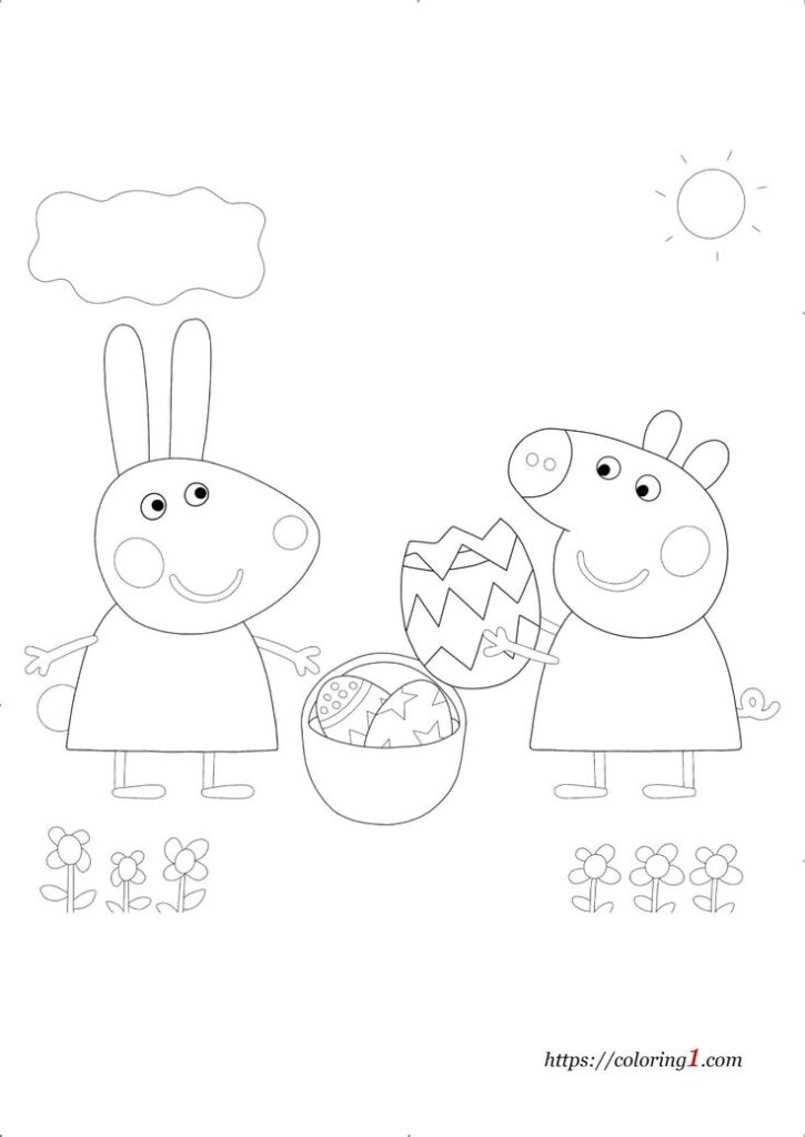 Two cartoon animals holding decorated Easter eggs outdoors