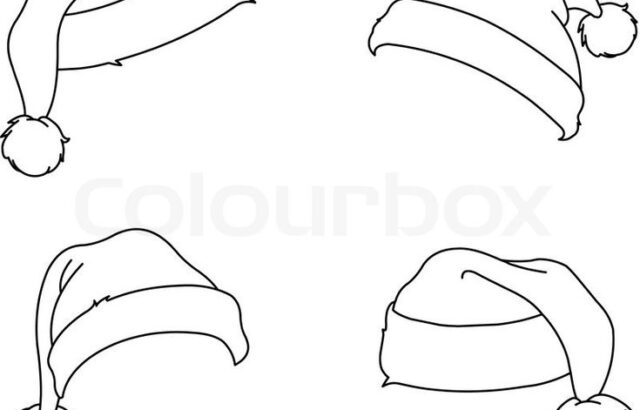 Four outlined Santa hats on white background