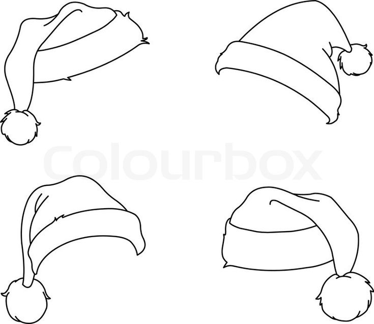 Four outlined Santa hats on white background