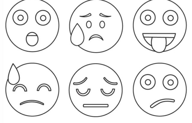 Twelve outlined emoji faces in a grid on white background