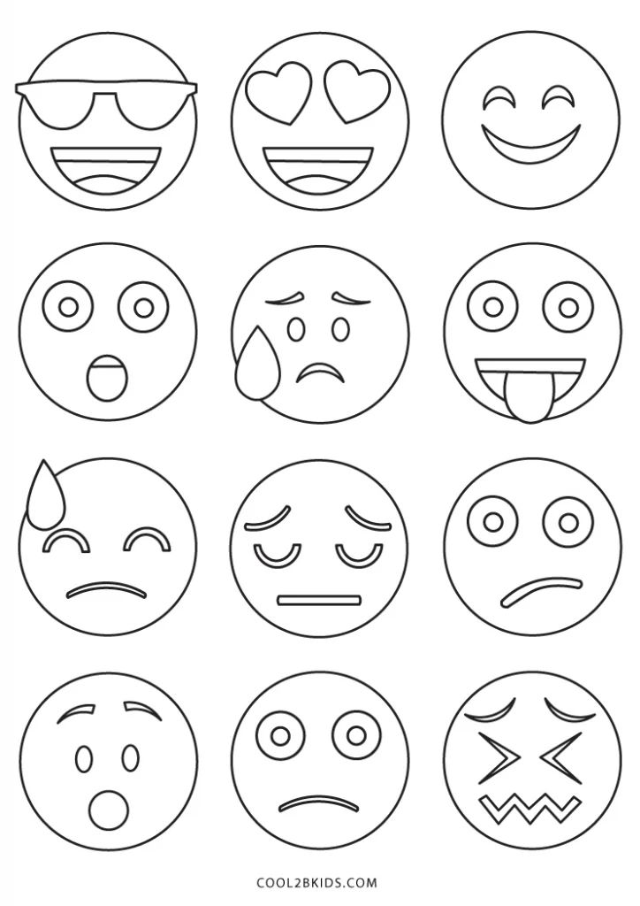 Twelve outlined emoji faces in a grid on white background