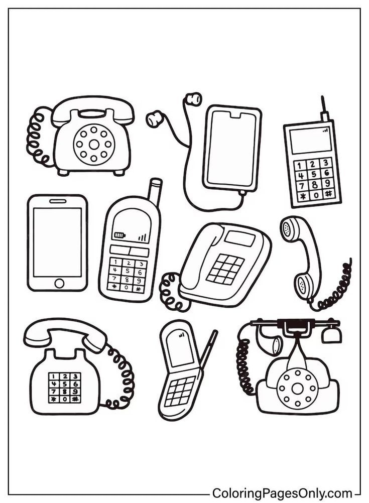 Black-and-white coloring page of nine telephones and phones