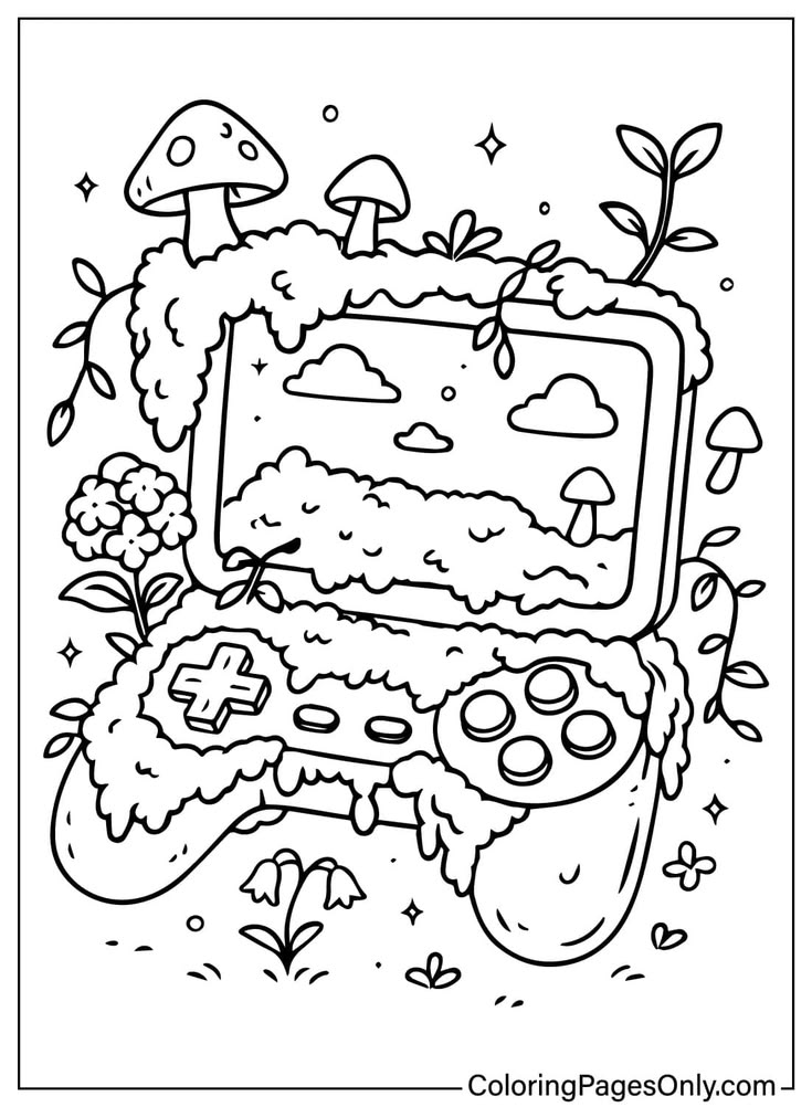 Cartoon game controller with mushrooms and plants