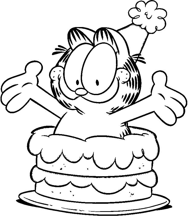 Cartoon cat popping out of a layered cake, arms raised