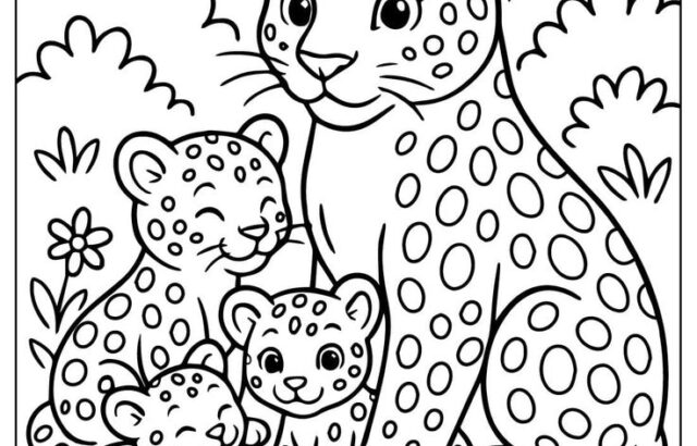 Leopard mother with three cubs in garden coloring page