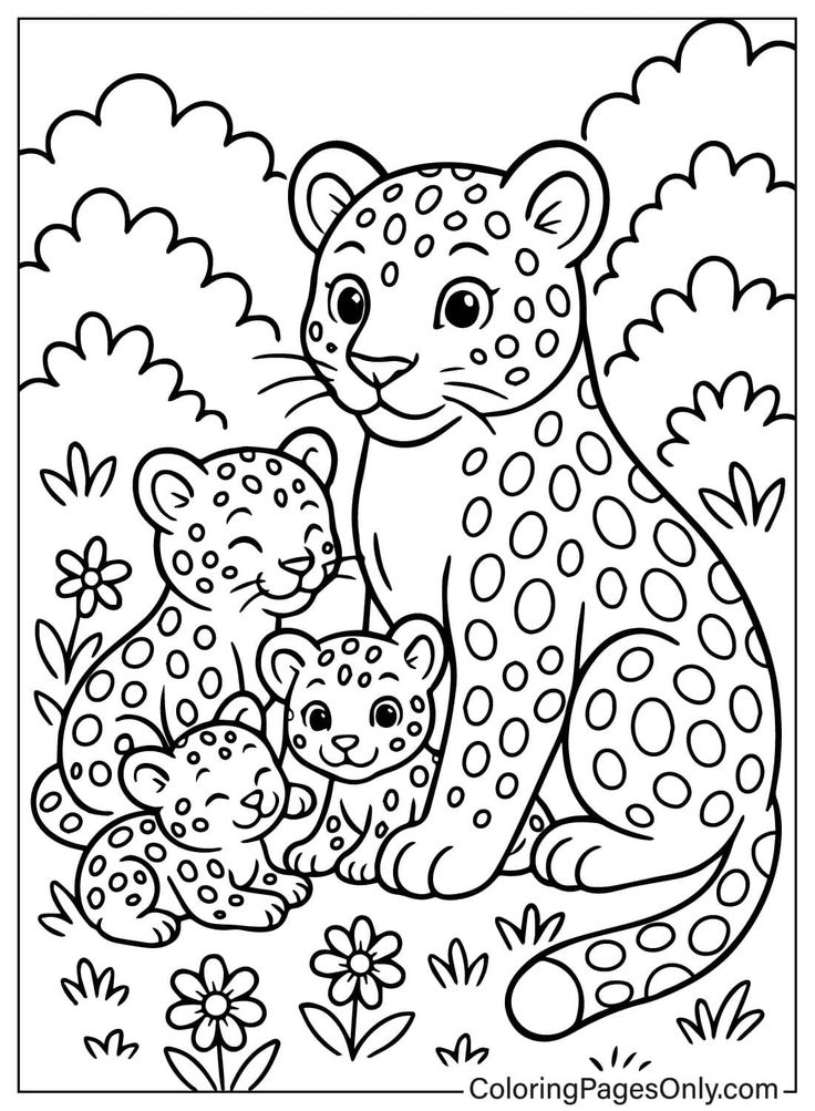 Leopard mother with three cubs in garden coloring page
