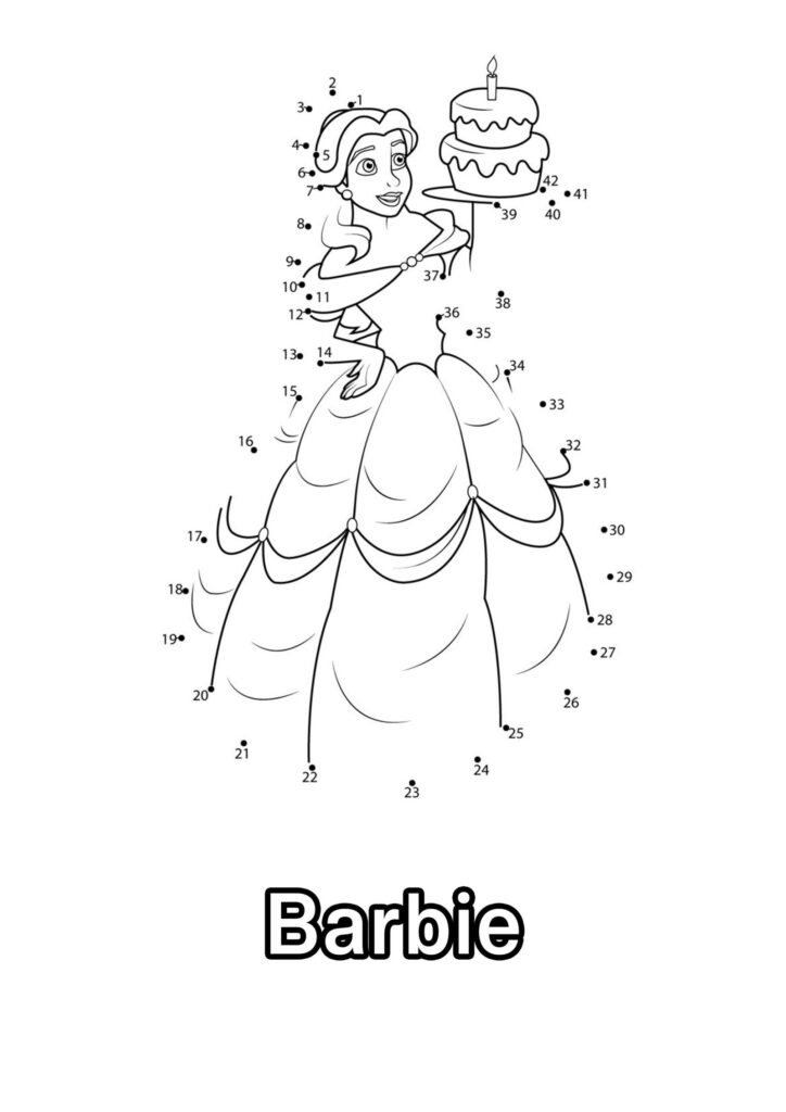 Connect-the-dots princess holding birthday cake, Barbie text below