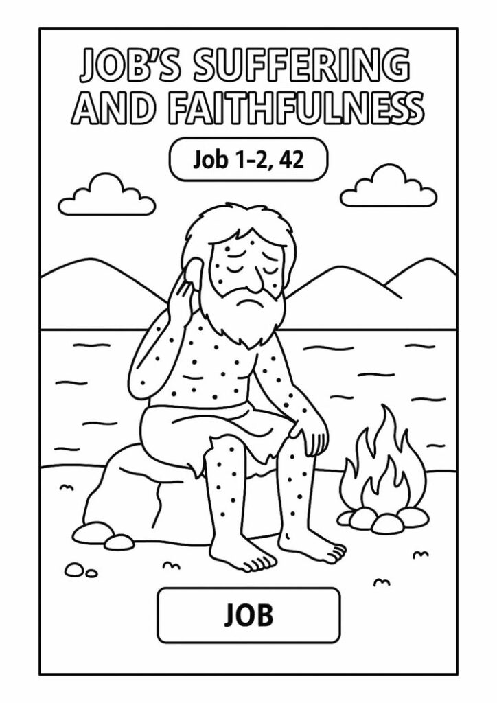Black-and-white coloring page of Job by a fire