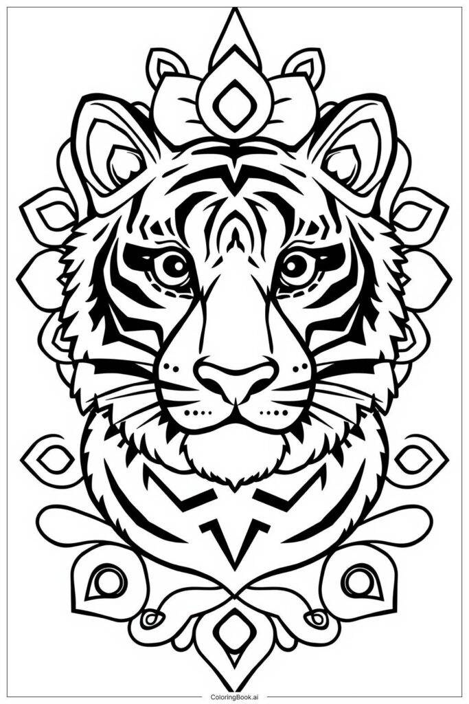 Black-and-white tiger face with decorative floral patterns