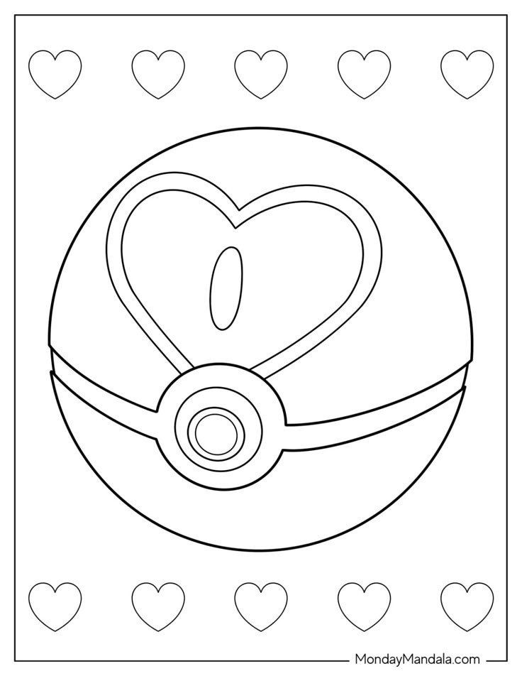 Heart-shaped pokeball coloring page with border hearts