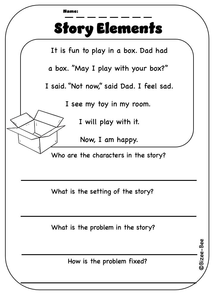Story elements worksheet with box illustration and questions