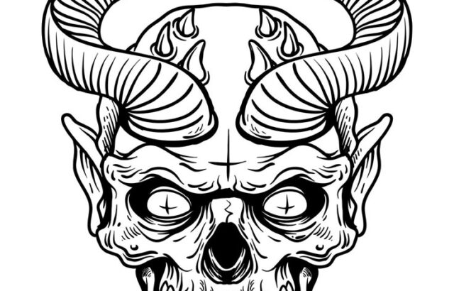 Black-and-white horned demon skull with tongue out