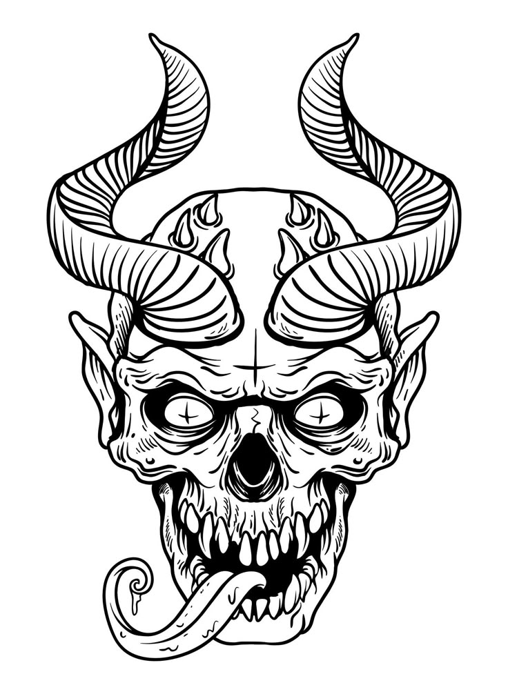 Black-and-white horned demon skull with tongue out