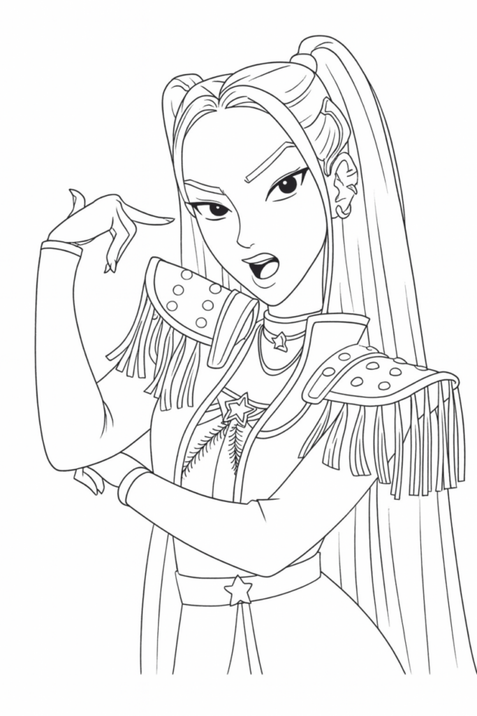 Line drawing of a woman with long ponytail and studded shoulders