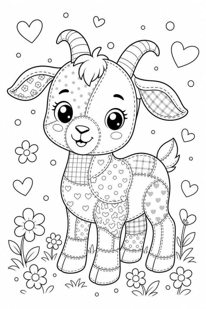 Patchwork baby goat coloring page with hearts and flowers