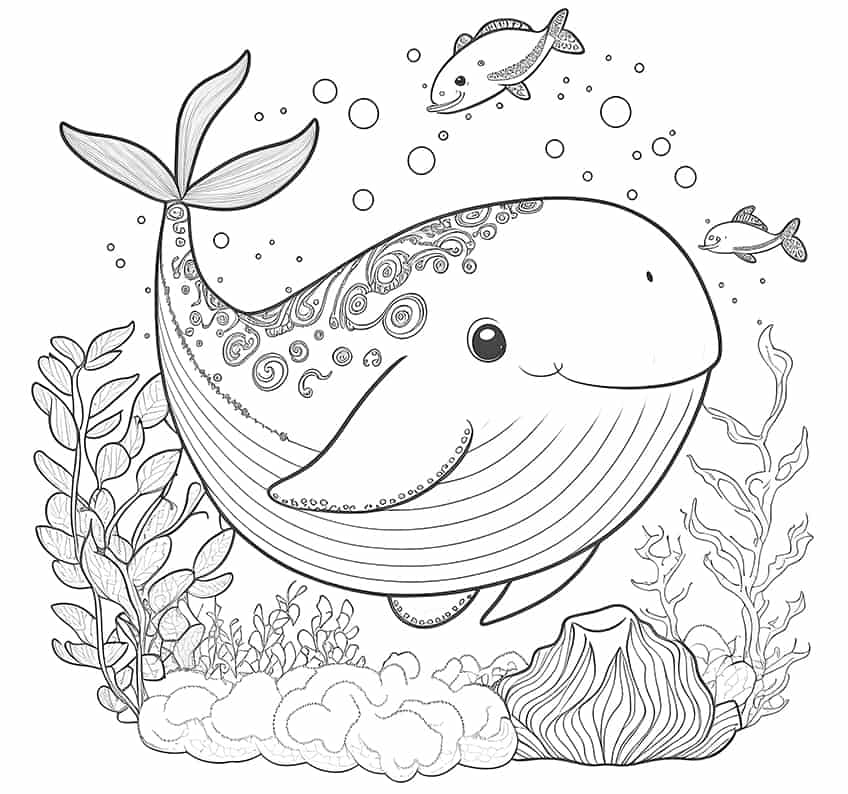 Cute cartoon whale underwater with fish and seaweed