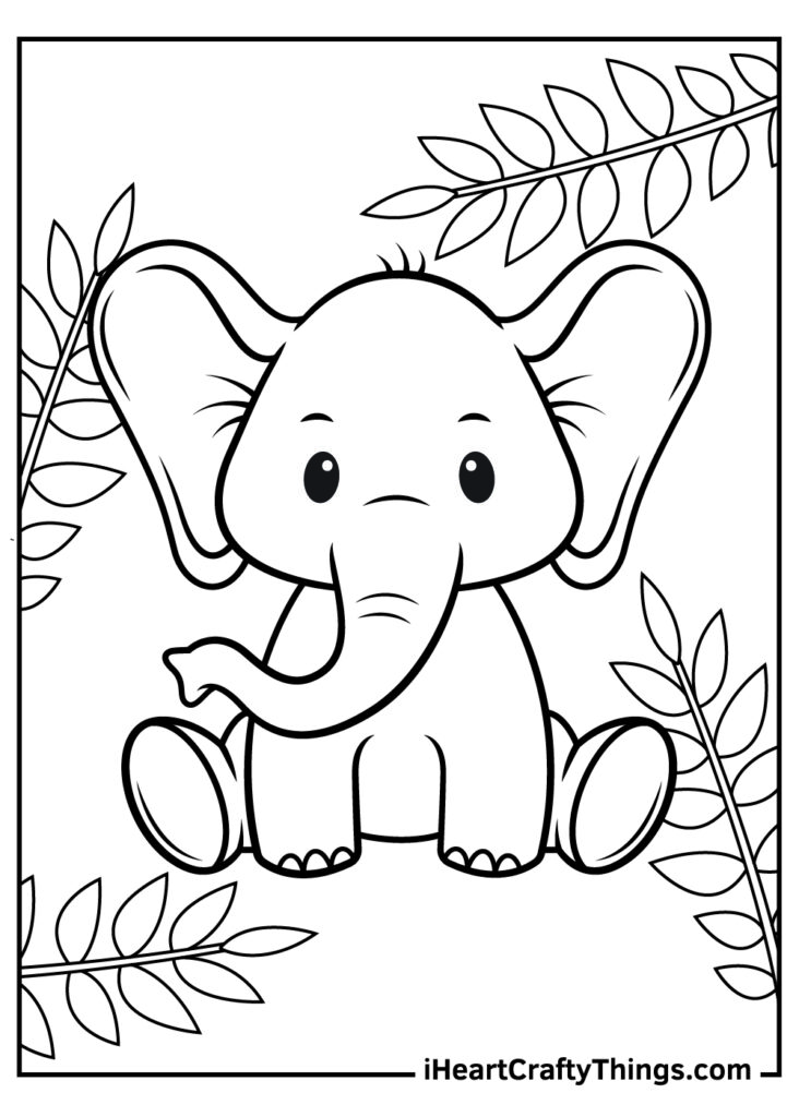 Cute cartoon elephant surrounded by leaves