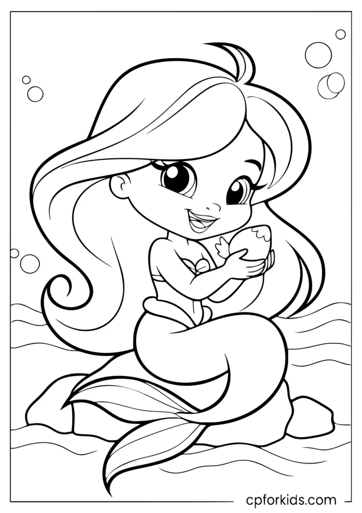 Cartoon mermaid sitting on a rock underwater