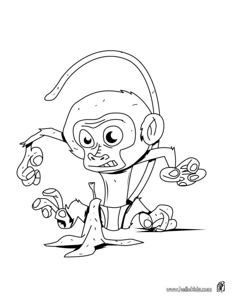 Cartoon monkey crouching with long tail, line drawing