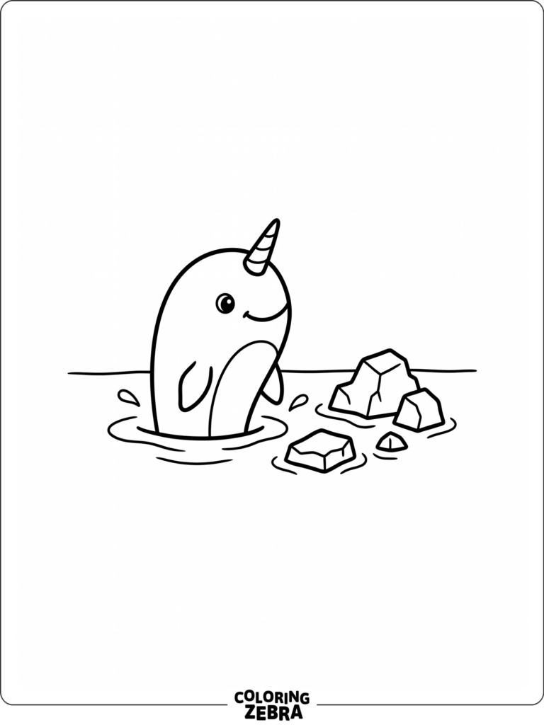 Cartoon narwhal poking from water beside ice rocks